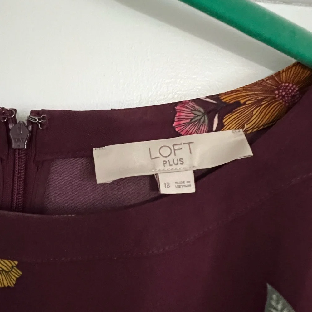 LOFT A-line Dress Burgundy and Cream Bishop Sleeves - Picture 2 of 3